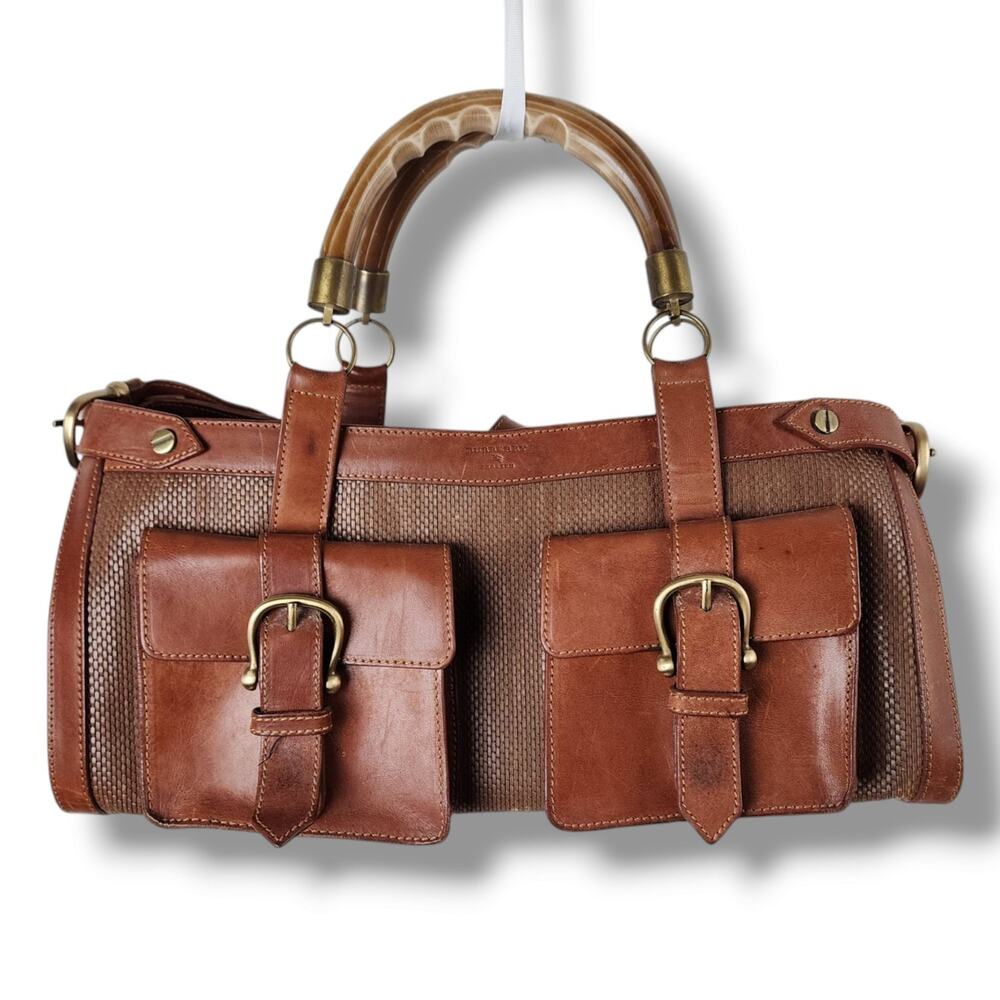 Authentic Vintage Burberry Prorsum Leather Saddle Bag Brown Basket Weave Satchel